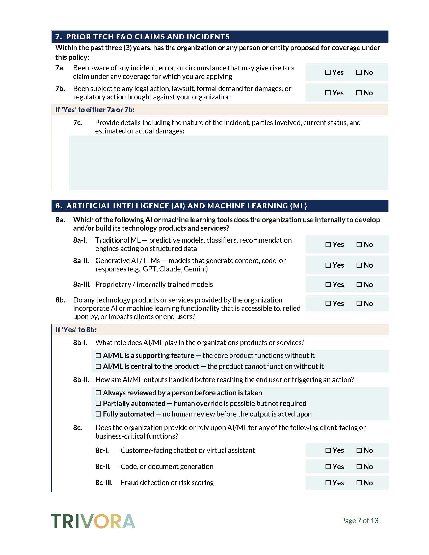 AI and machine learning section of the Trivora Cyber with Tech E&O application